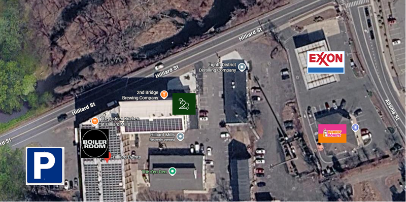 Map of Hilliard Mills showing recommended parking, building, and event location